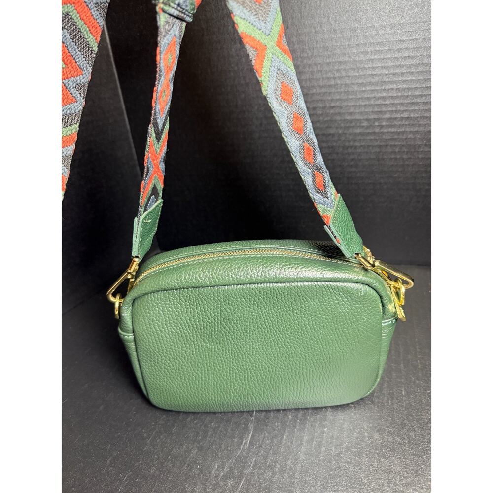 Borse In Pelle Italian Dark Green Pebbled Leather Crossbody Bag w/Guitar Strap - Picture 4 of 12